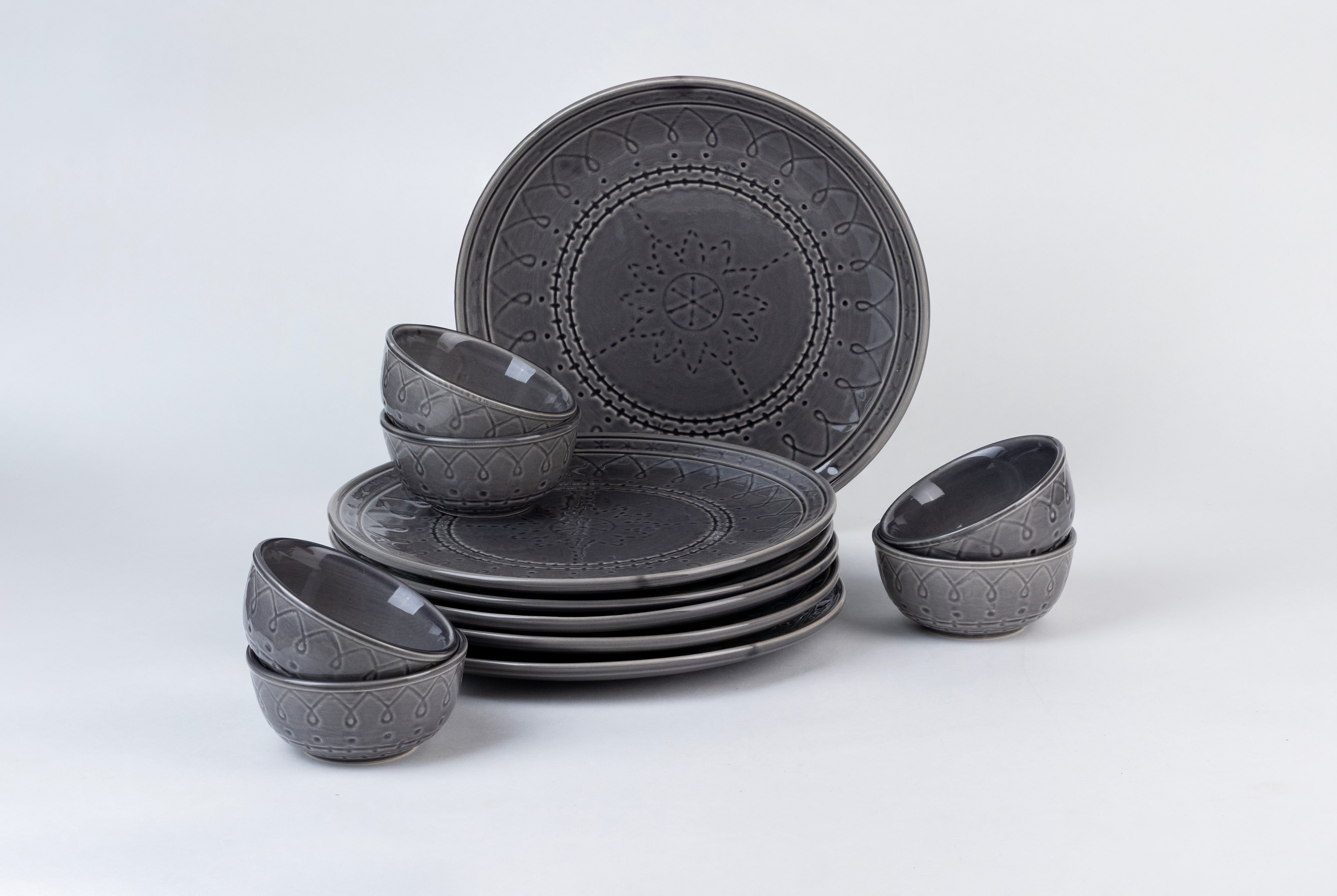 Grey Embossed Dinner Set Ceramic