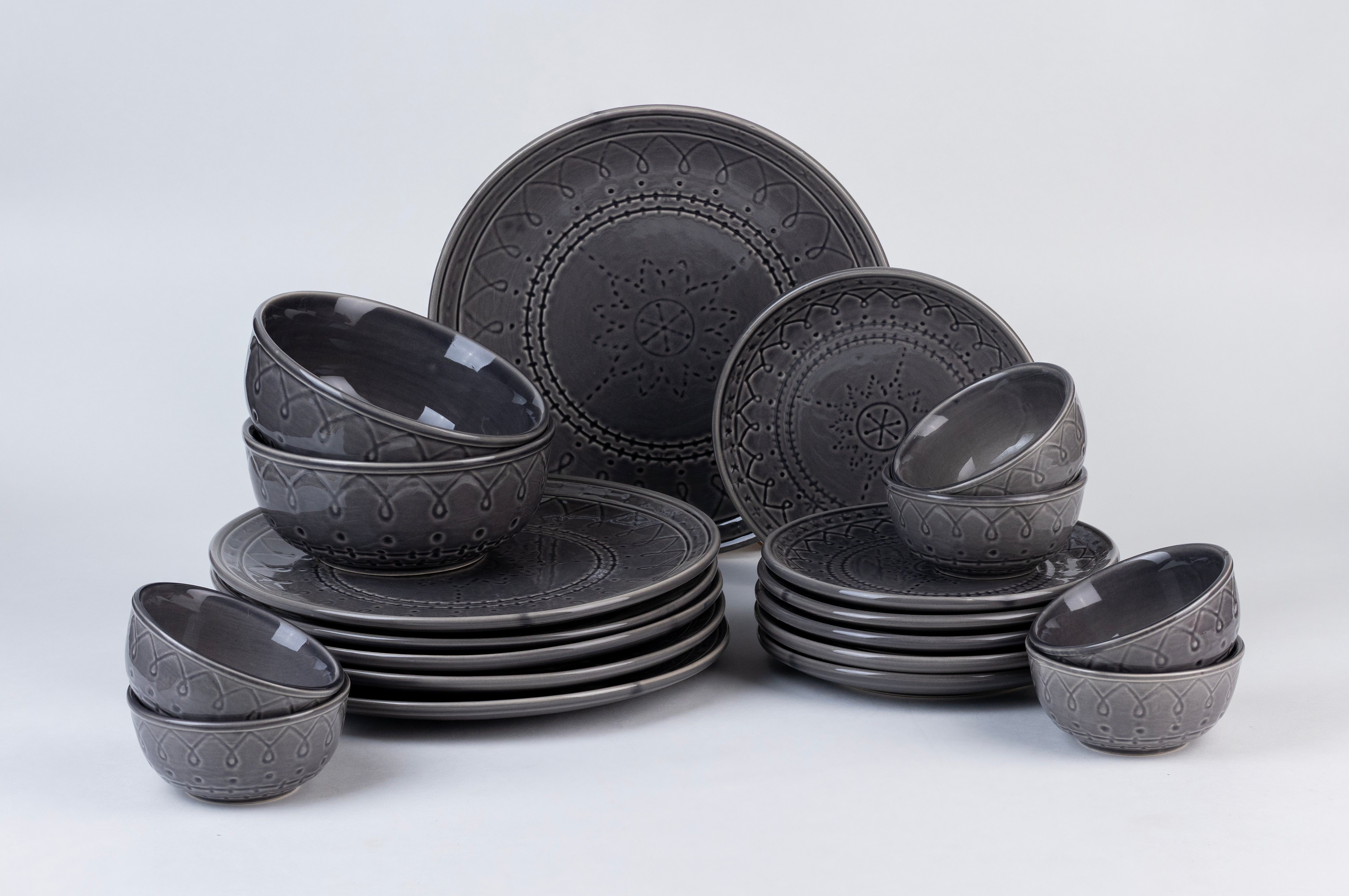 Grey Embossed Dinner Set Ceramic