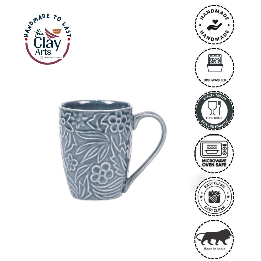 Grey Embossed Floral Mug – Handmade Ceramic