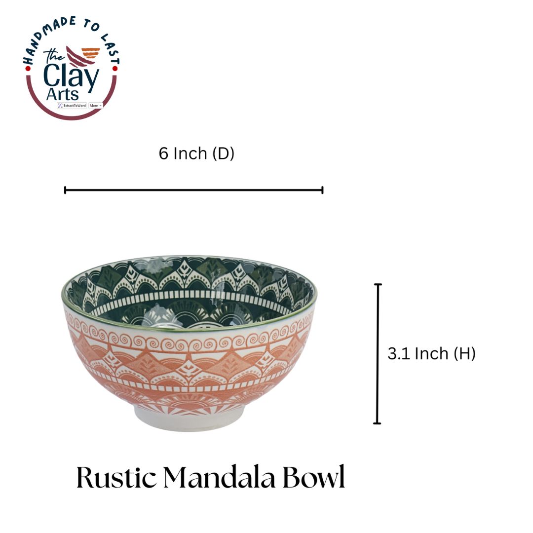 Orange Green Rustic Mandala Bowl – Premium Ceramic Serveware