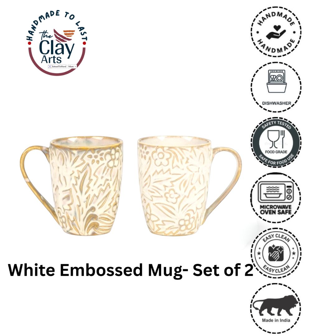 White Embossed Mug Set of 2 – Handmade Ceramic