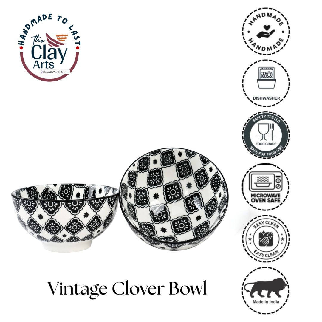 White Black Vintage Clover Bowl Set of 2 – Premium Ceramic Serveware