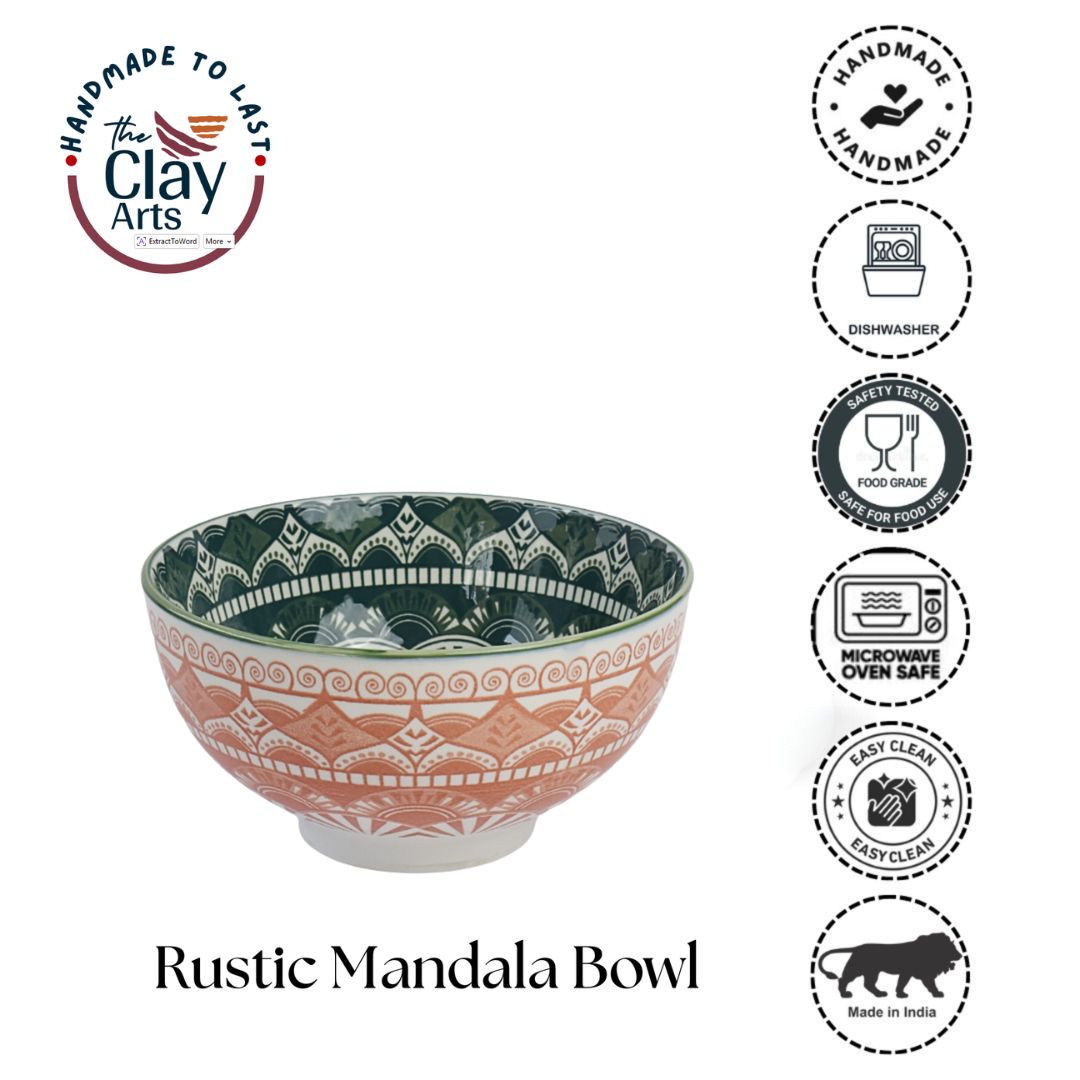 Orange Green Rustic Mandala Bowl – Premium Ceramic Serveware