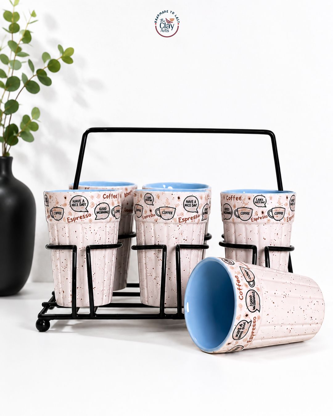 White Pastel Ceramic Tea and Coffee Cup Set with Metal Stand