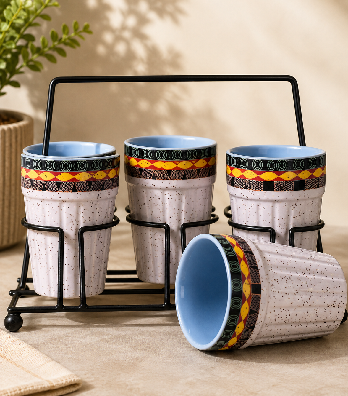 White Handcrafted Ceramic Tea Set with Metal Stand