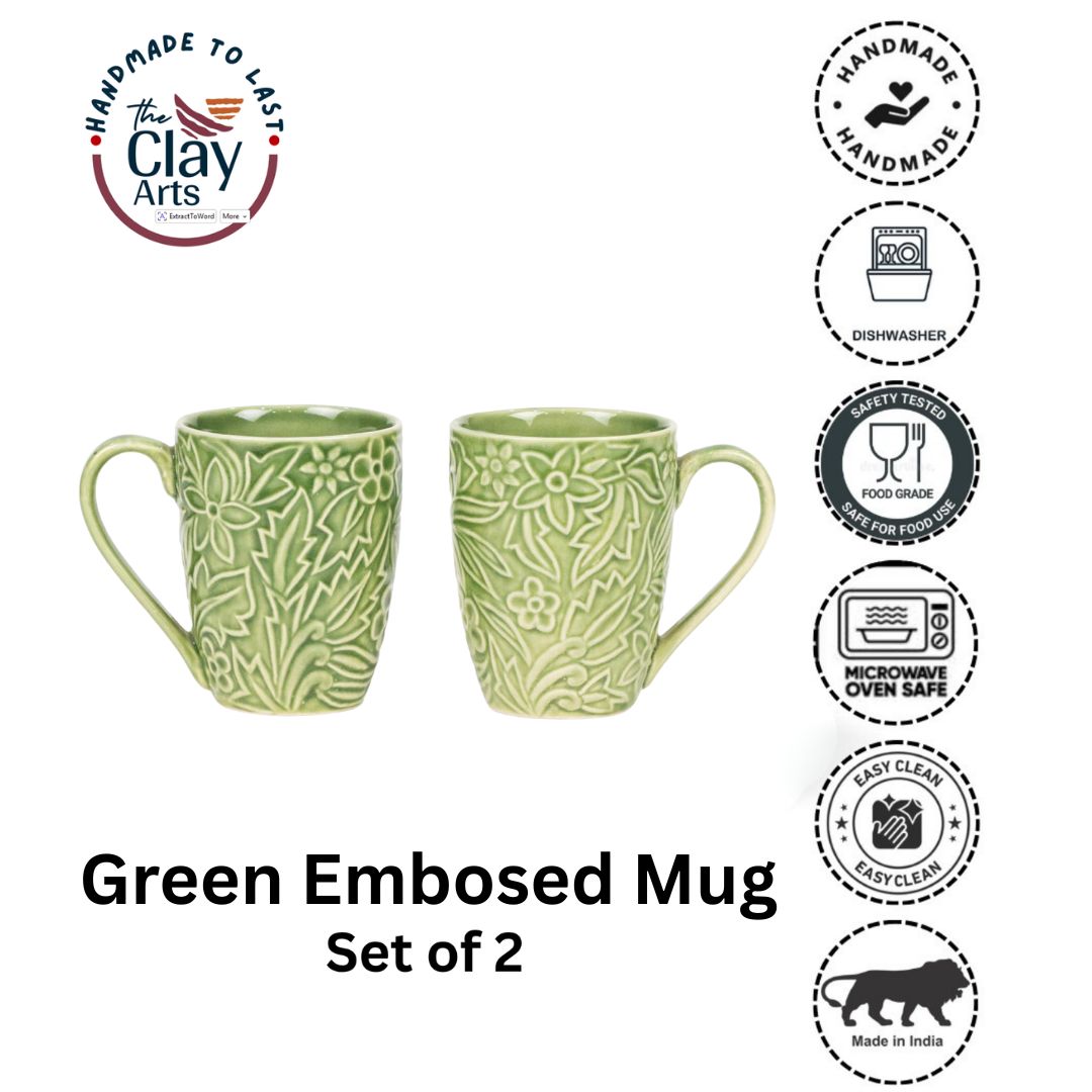 Green Embossed Mug Set of 2 – Handmade Ceramic