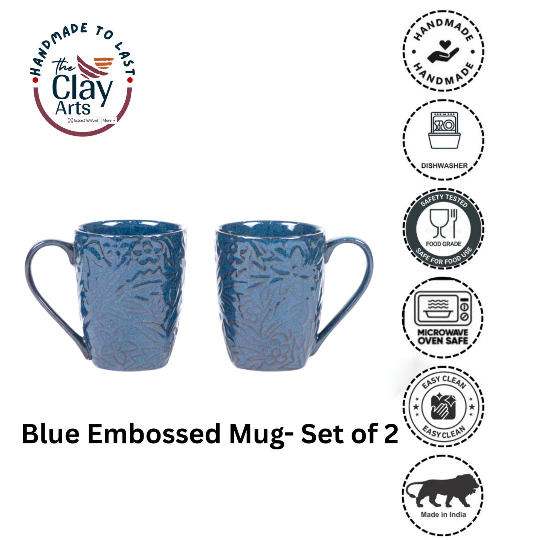 Blue Embossed Mug Set of 2 – Handmade Ceramic