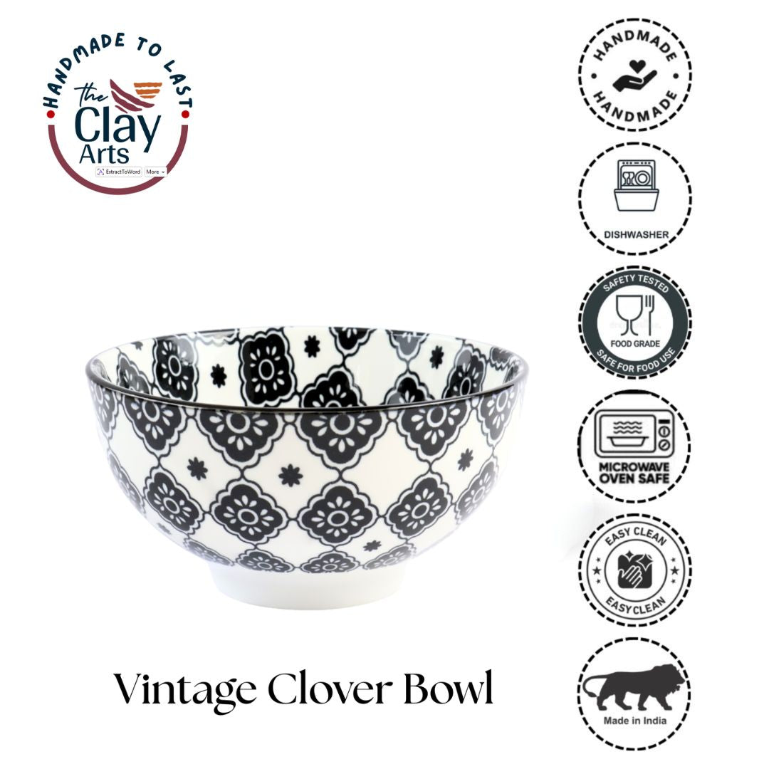 White Black Vintage Clover Bowl – Premium Ceramic Serveware