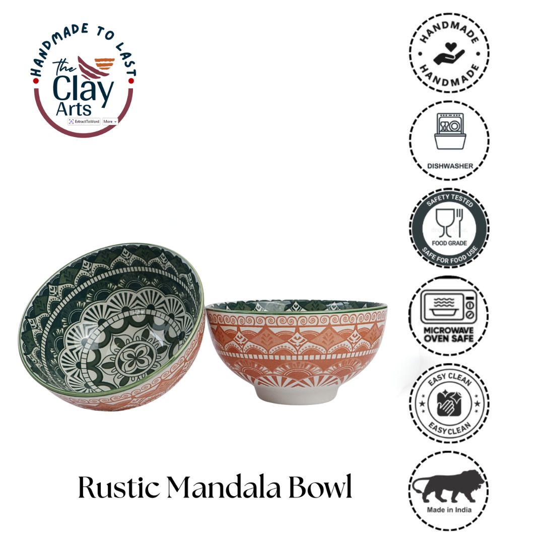 Orange Green Rustic Mandala Bowl Set of 2 – Premium Ceramic Serveware