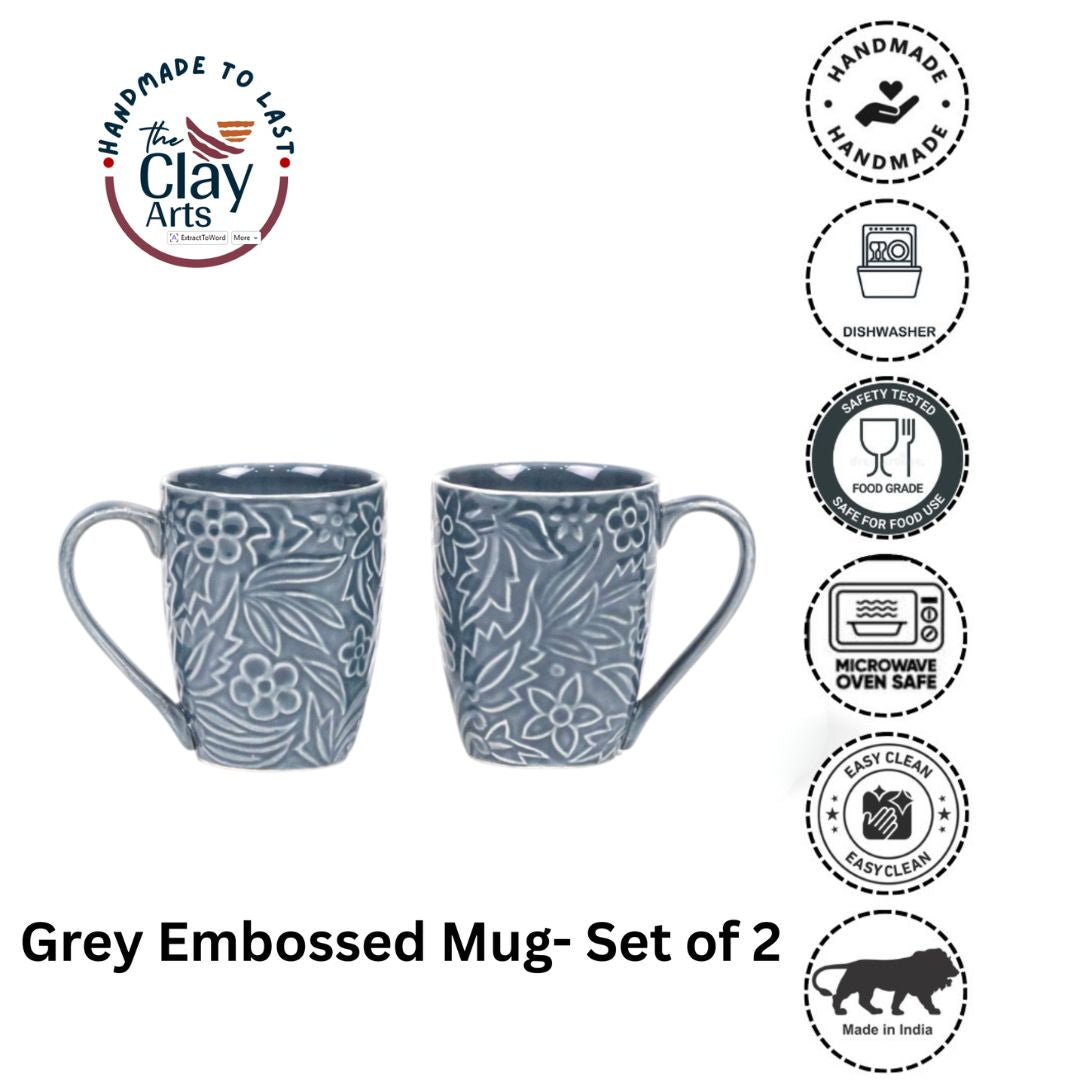 Grey Embossed Floral Mug Set of 2 – Handmade Ceramic