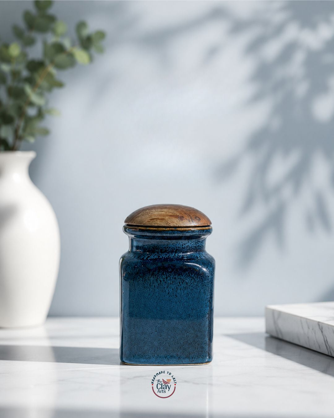 Blue Ceramic Storage Jar with Wooden Lid