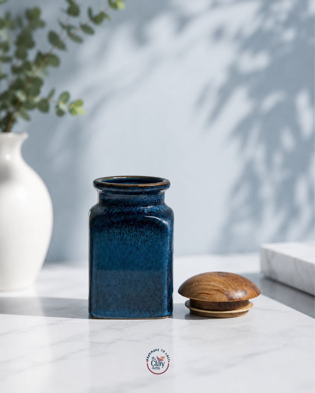 Blue Ceramic Storage Jar with Wooden Lid