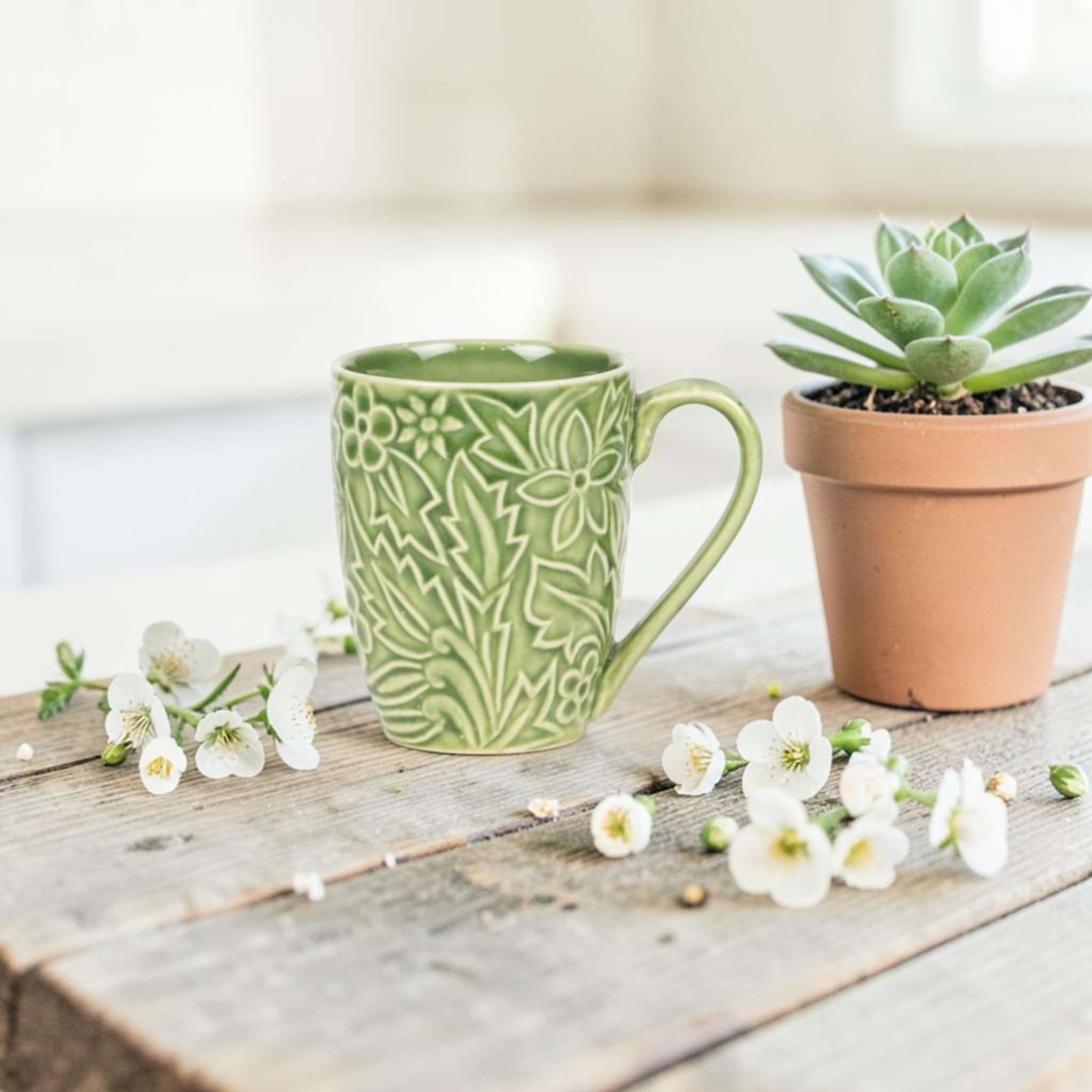 Green Embossed Porcelain Mug