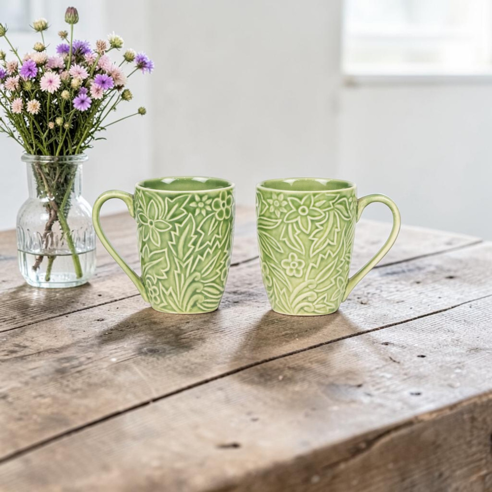 Green embossed porcelain mugs