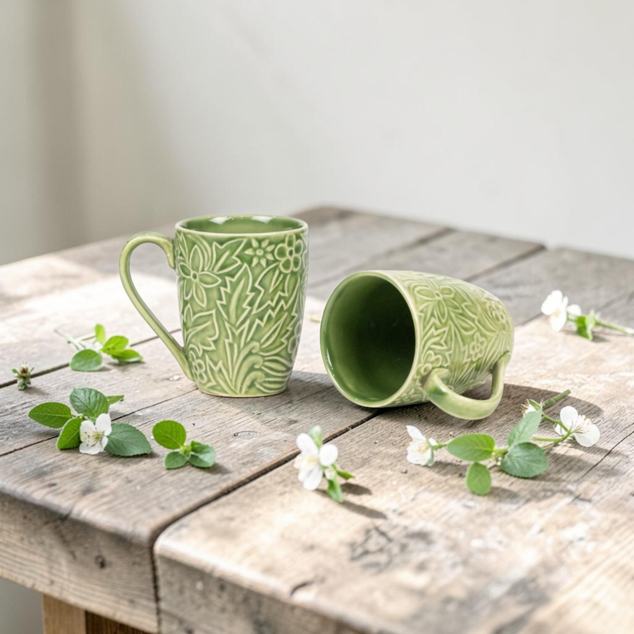 Green Embossed Porcelain Mug