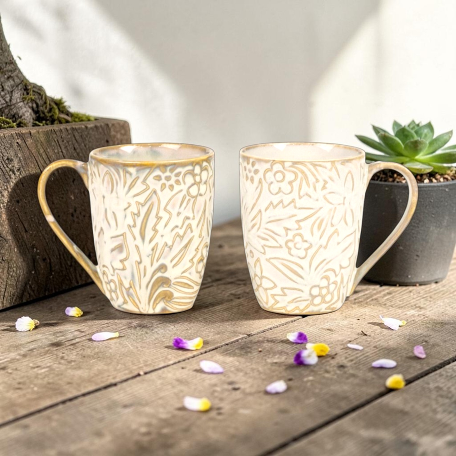 White Embossed Mug Set of 2