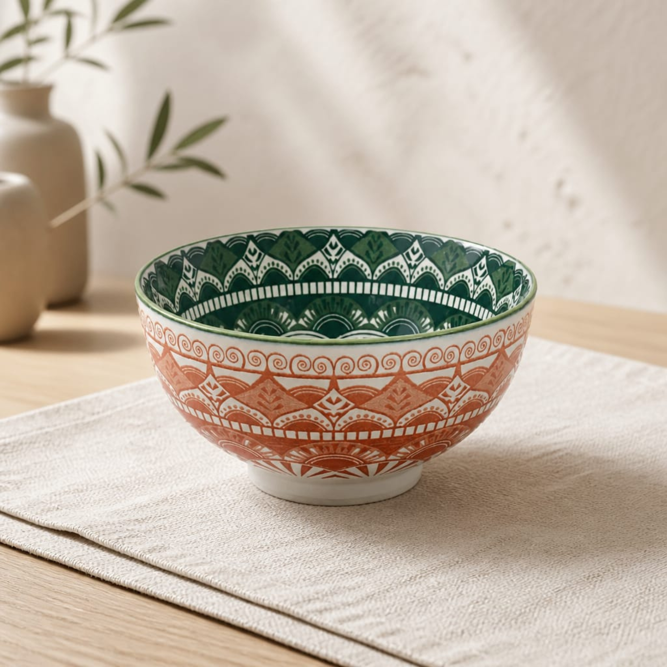Orange Green Rustic Mandala Bowl Set of 2 – Premium Ceramic Serveware