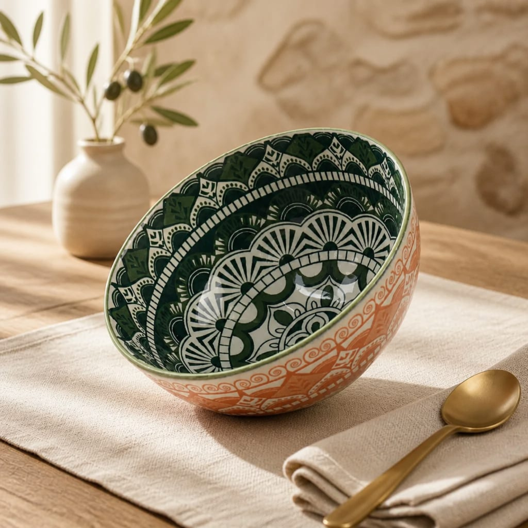 Orange Green Rustic Mandala Bowl – Premium Ceramic Serveware