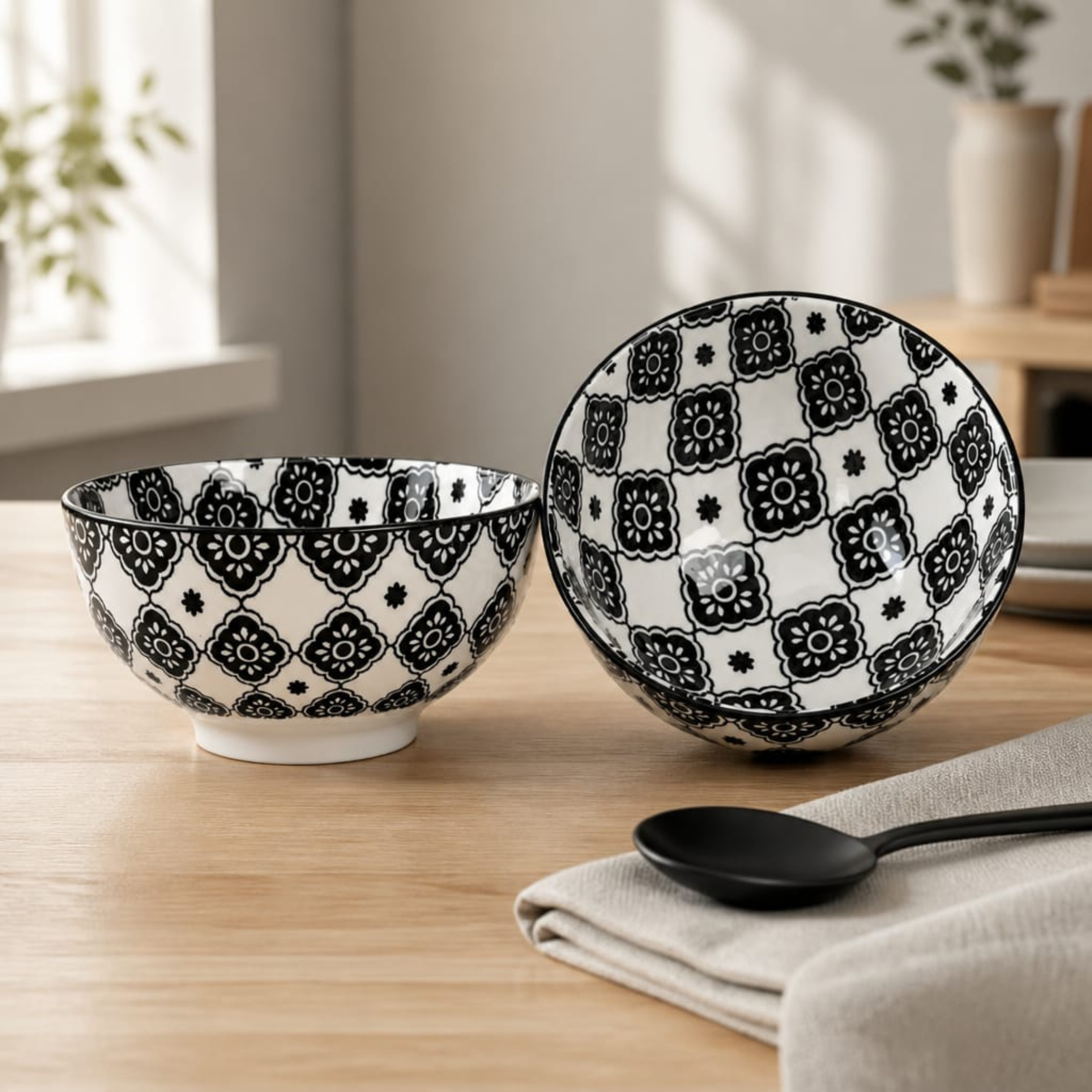 White Black Vintage Clover Bowl Set of 2 – Premium Ceramic Serveware