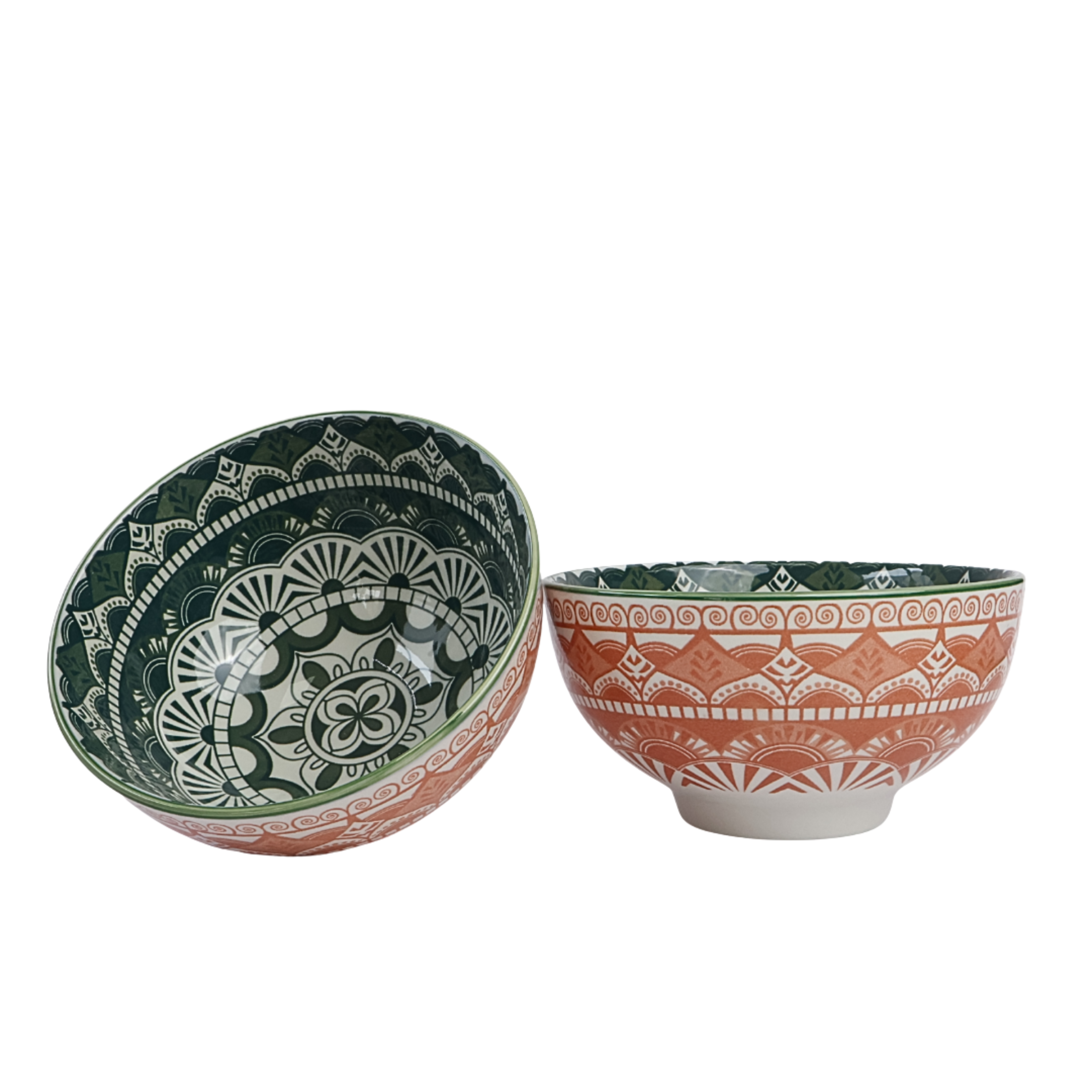 Orange Green Rustic Mandala Bowl Set of 2 – Premium Ceramic Serveware