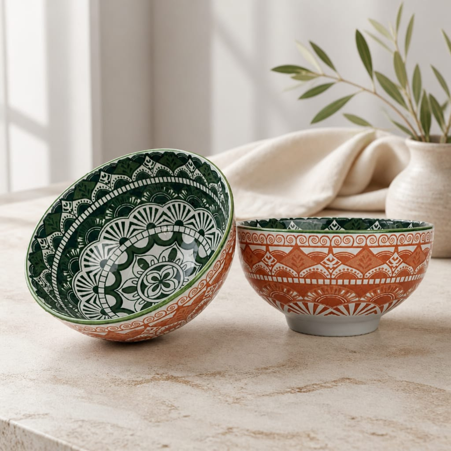 Orange Green Rustic Mandala Bowl Set of 2