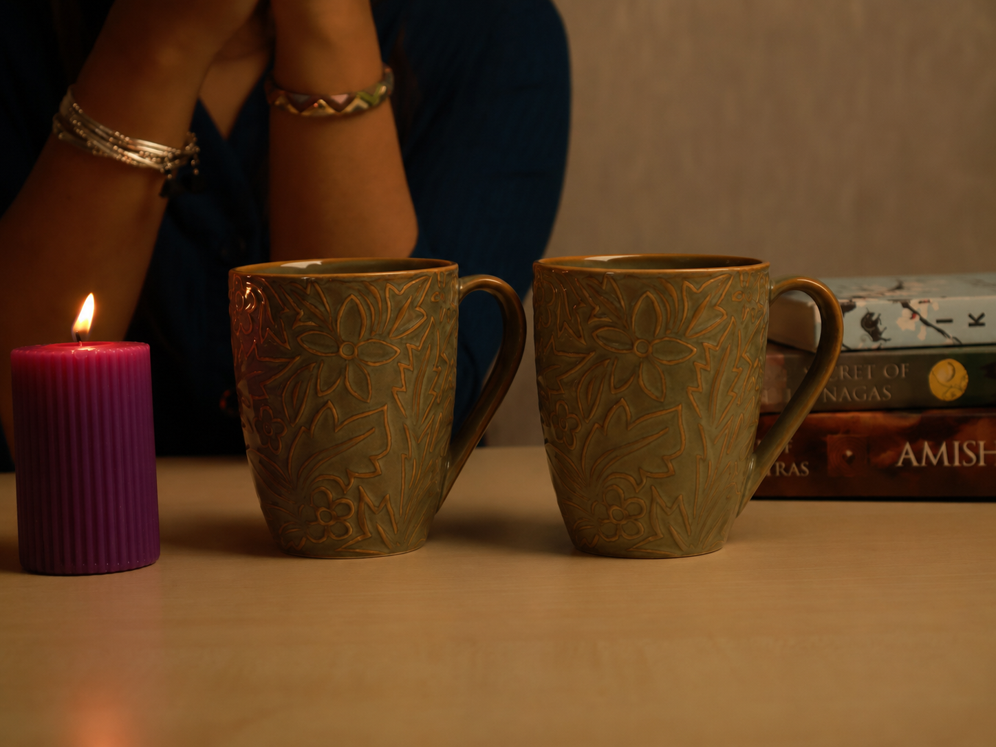 Green Embossed Mug Set of 2 – Handmade Ceramic