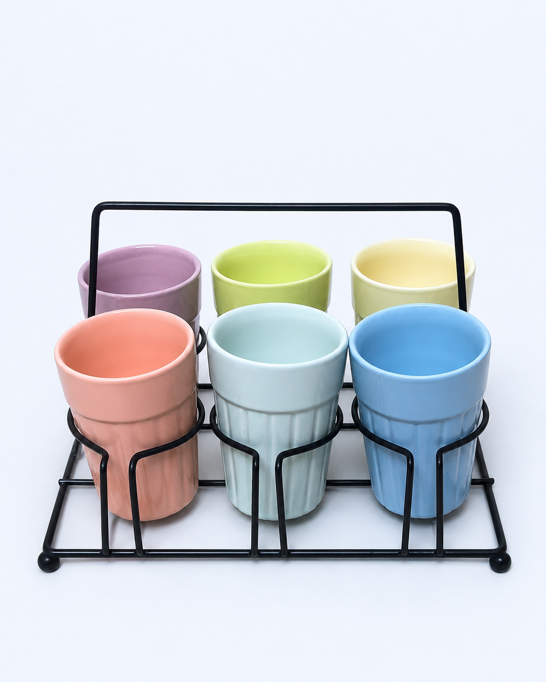 Pastel Ceramic Tea & Coffee Cup Set with Metal Stand