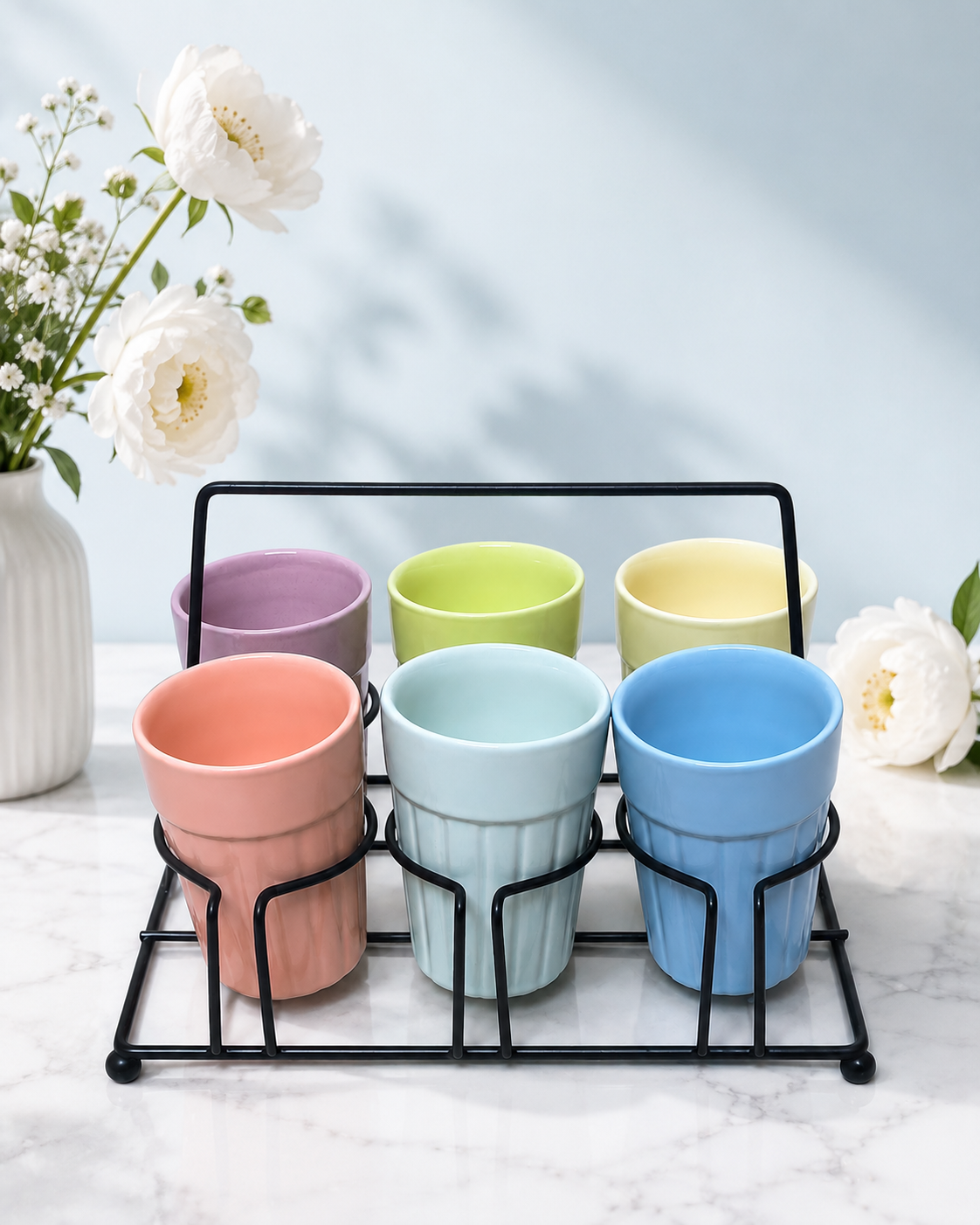 Pastel Ceramic Tea & Coffee Cup Set with Metal Stand
