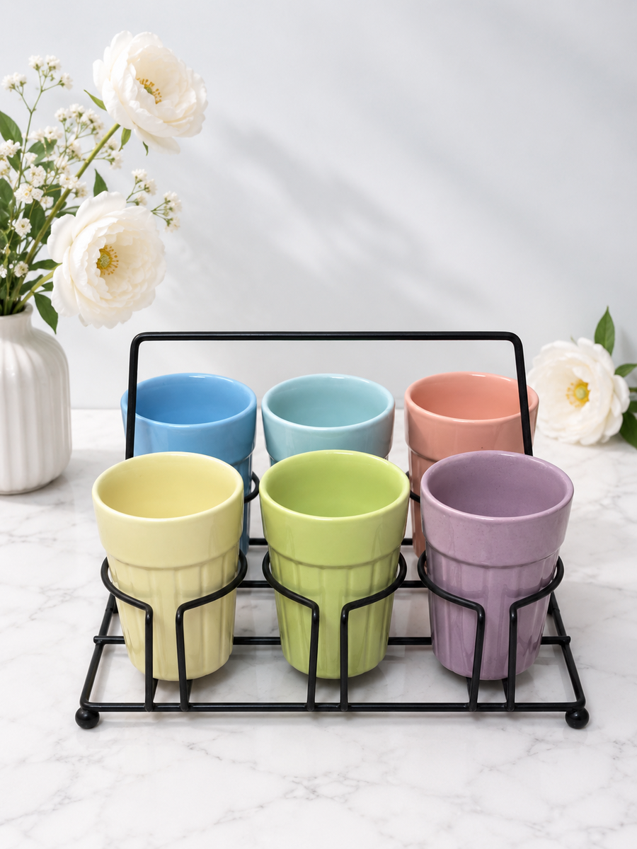 Pastel Ceramic Tea and Coffee Cup Set with Metal Stand