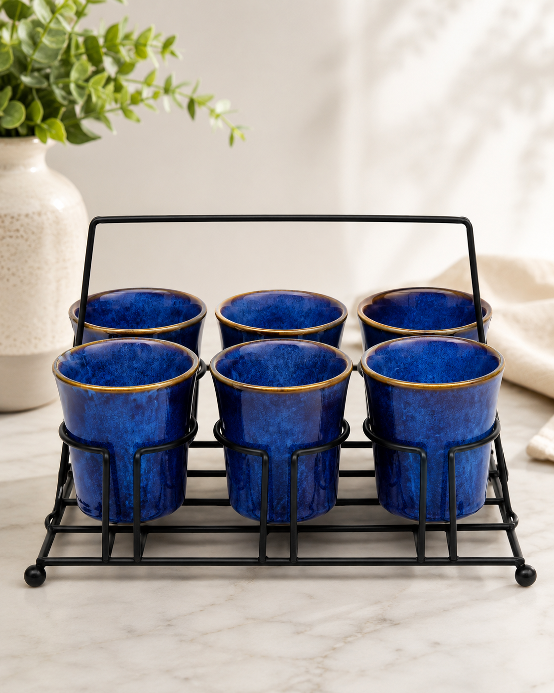Blue Pastel Ceramic Tea and Coffee Cup Set with Metal Stand
