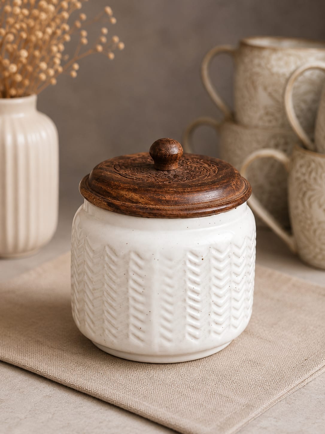 White Textured Ceramic Jar with Wooden Lid