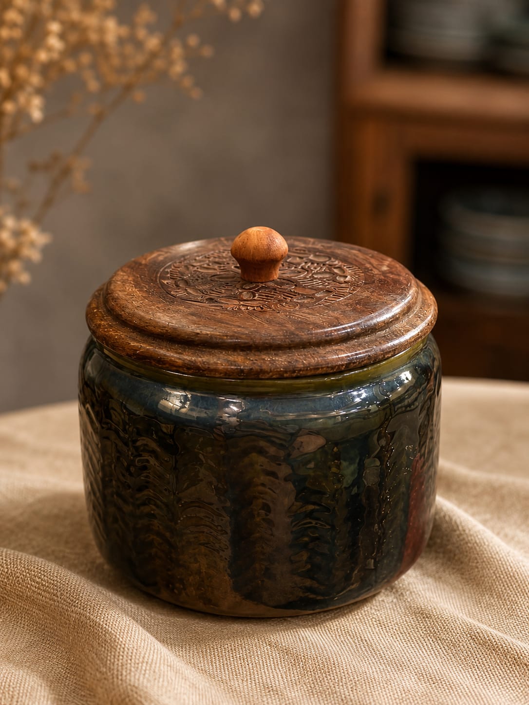 Dark Green Textured Ceramic Jar with Wooden Lid