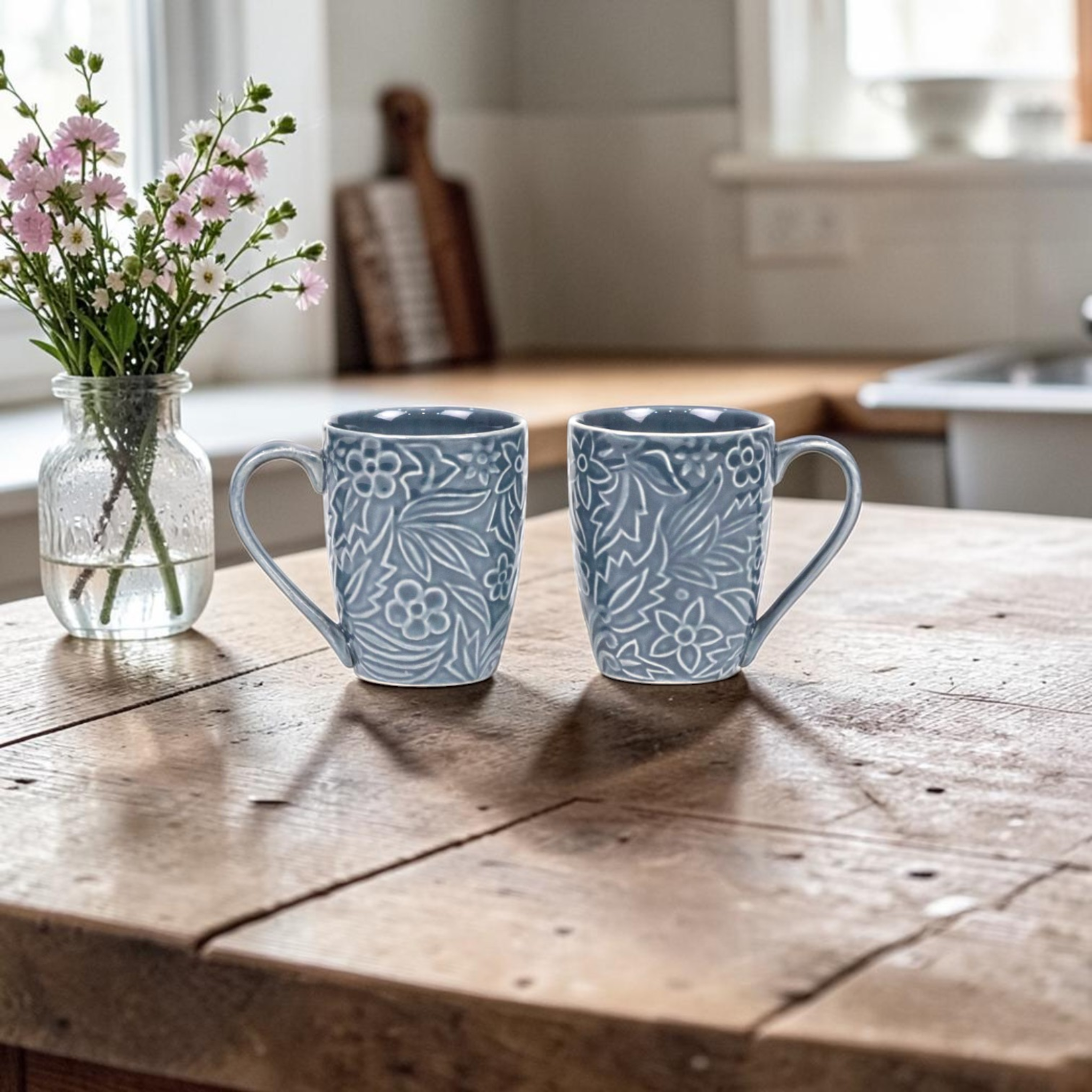 Grey Embossed Floral Mug Set of 2 – Handmade Ceramic