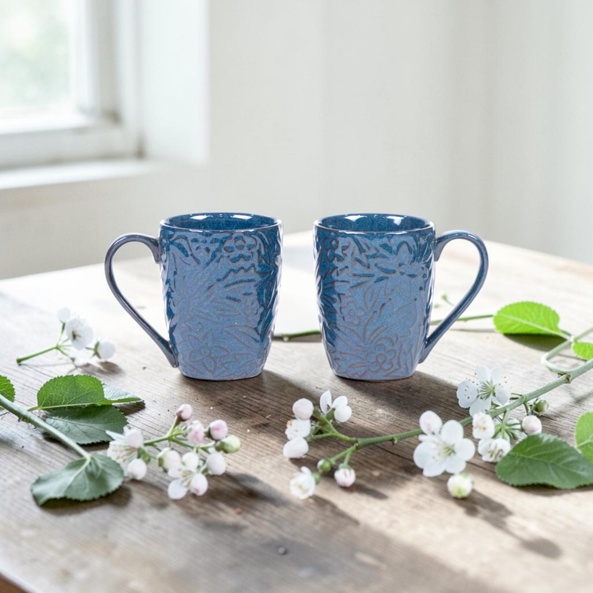 Blue Embossed Mug Set of 2 – Handmade Ceramic