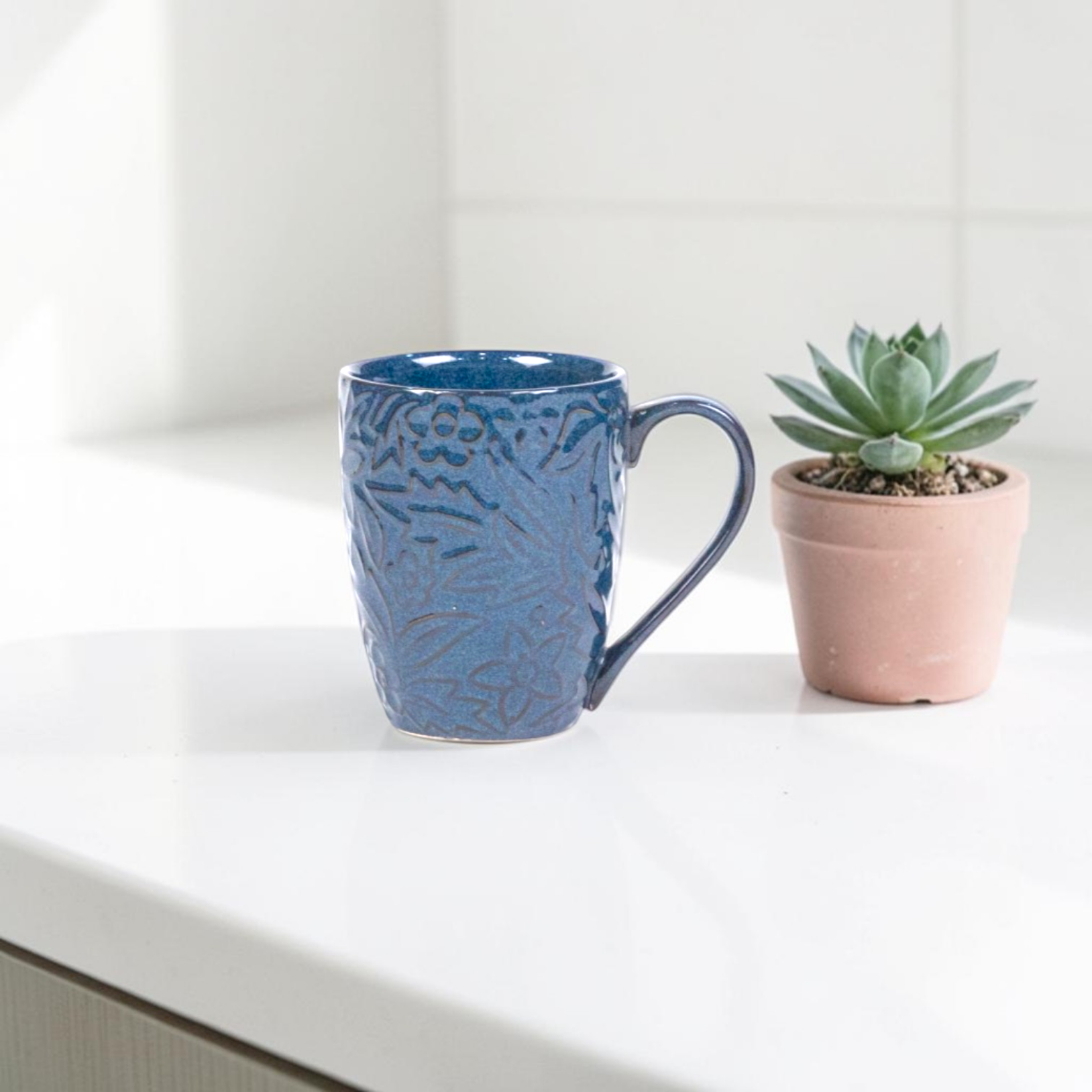 Blue Embossed Mug – Handmade Ceramic