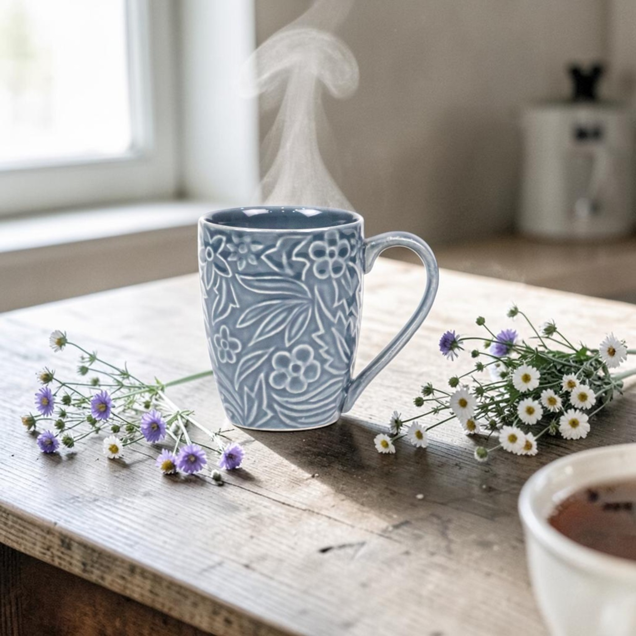 Grey Embossed Floral Mug – Handmade Ceramic