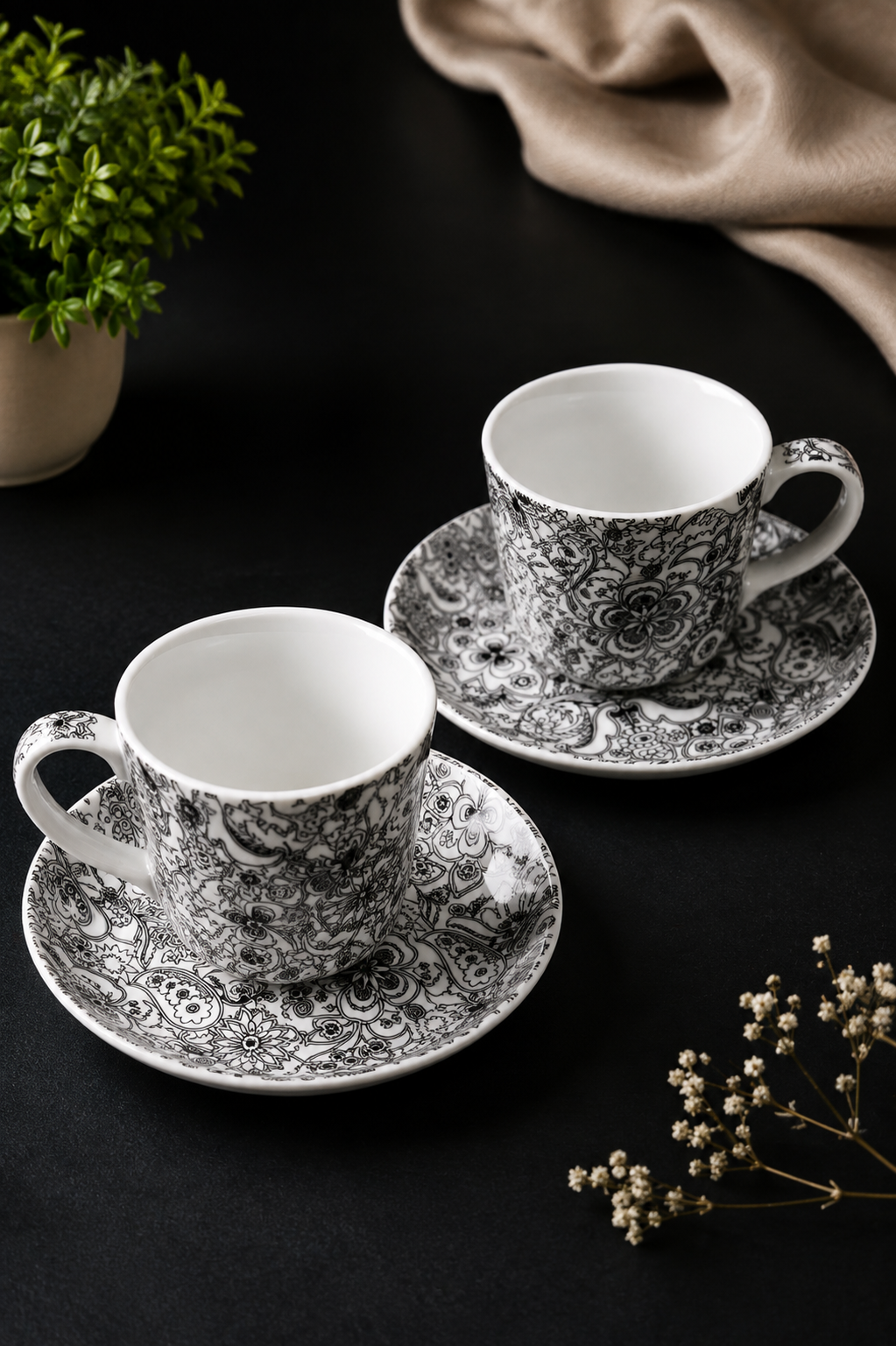 Black and White Floral Ceramic Tea Cup Set