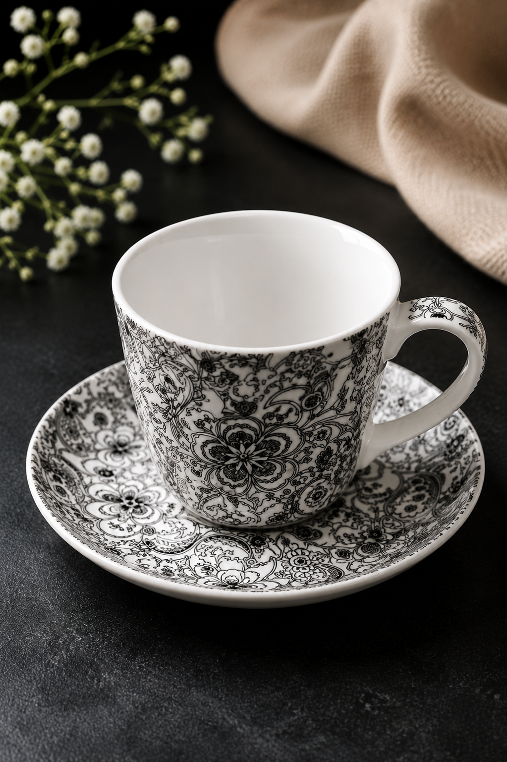 Black and White Floral Ceramic Tea Cup Set