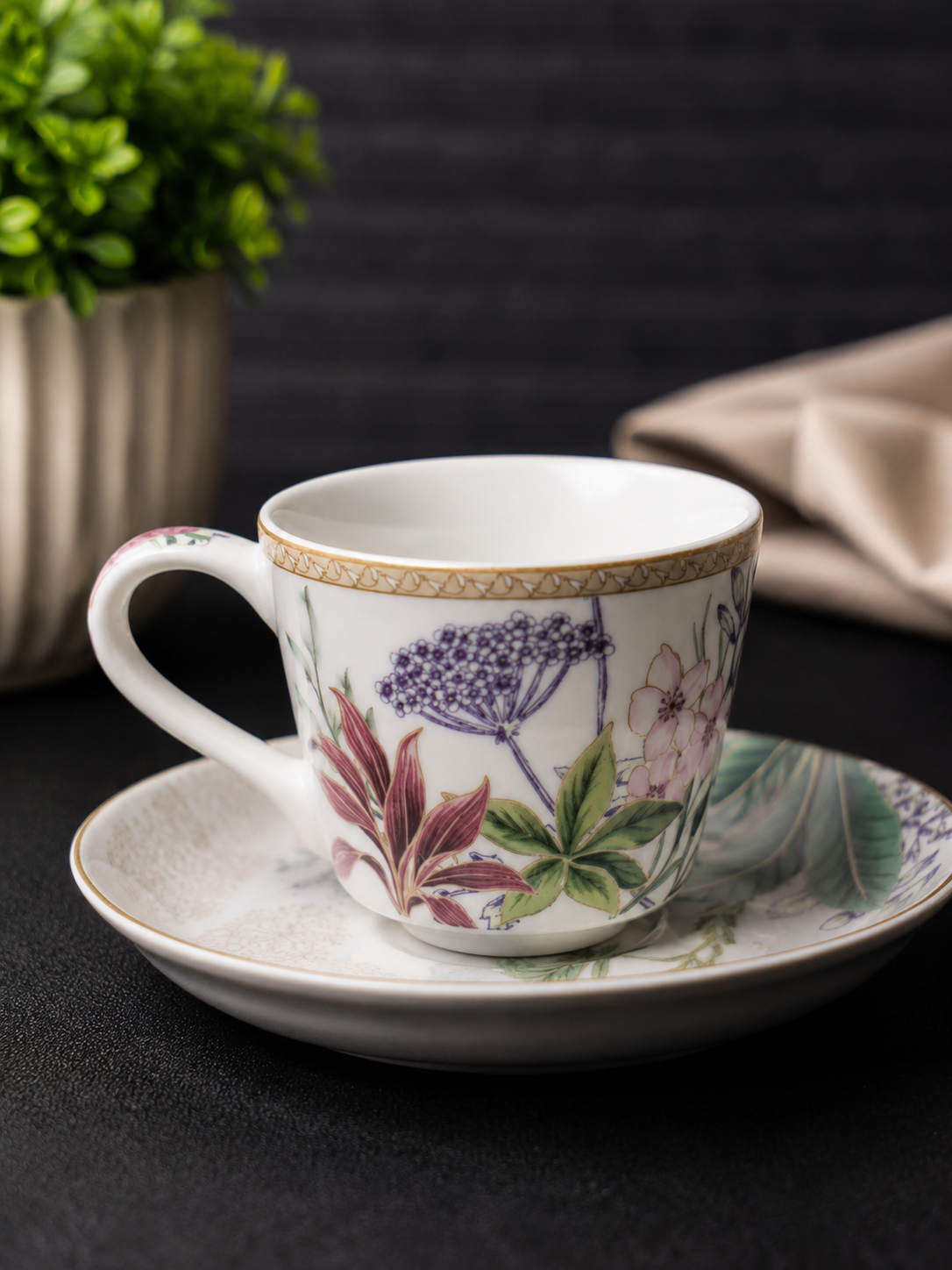 Botanical Gold-Trim Teacup & Saucer