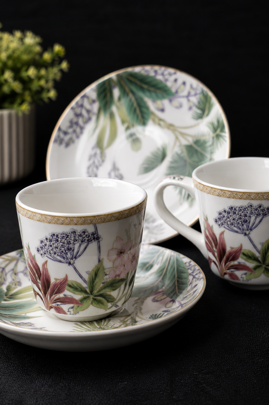 Botanical Gold-Trim Teacup & Saucer