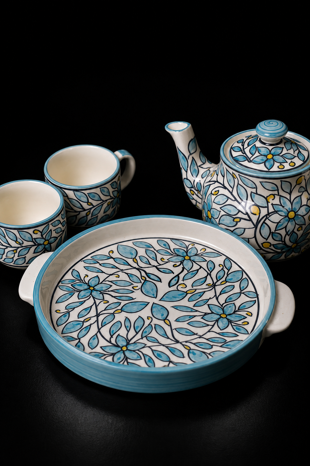Blue Floral Ceramic Tea Set with Serving Tray