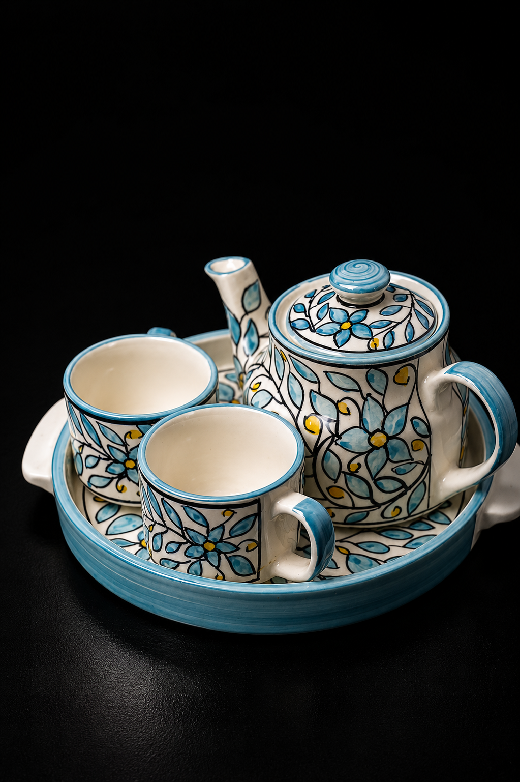 Blue Floral Ceramic Tea Set with Serving Tray