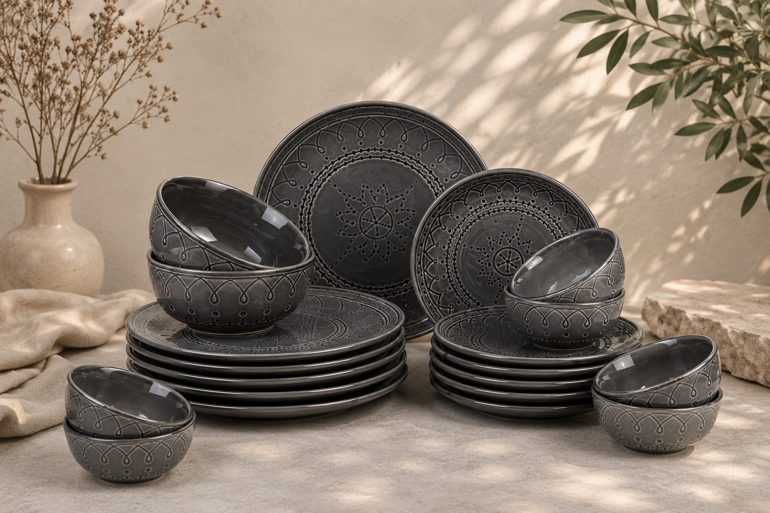 Grey Embossed Dinner Set Ceramic