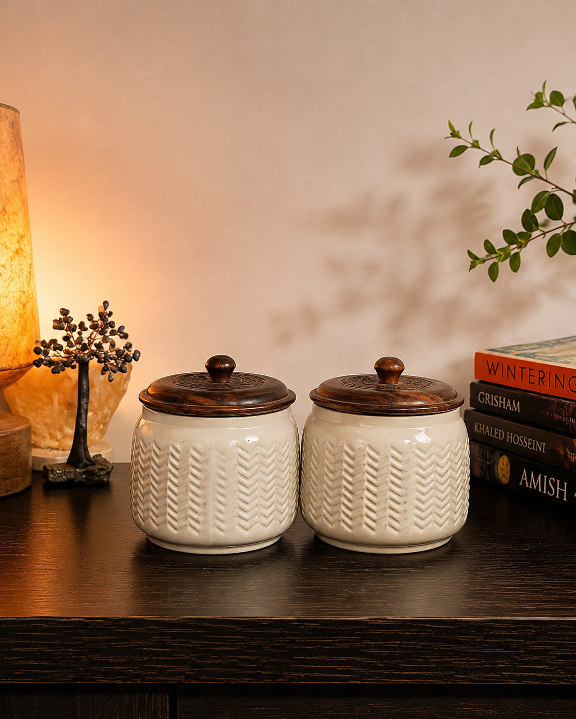 White Textured Ceramic Jar with Wooden Lid