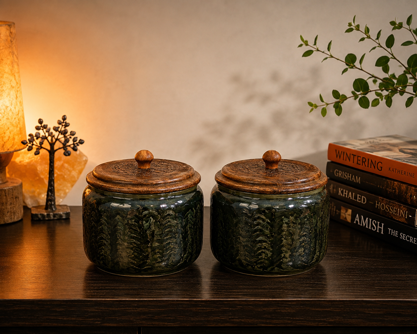 Dark Green Textured Ceramic Jar with Wooden Lid