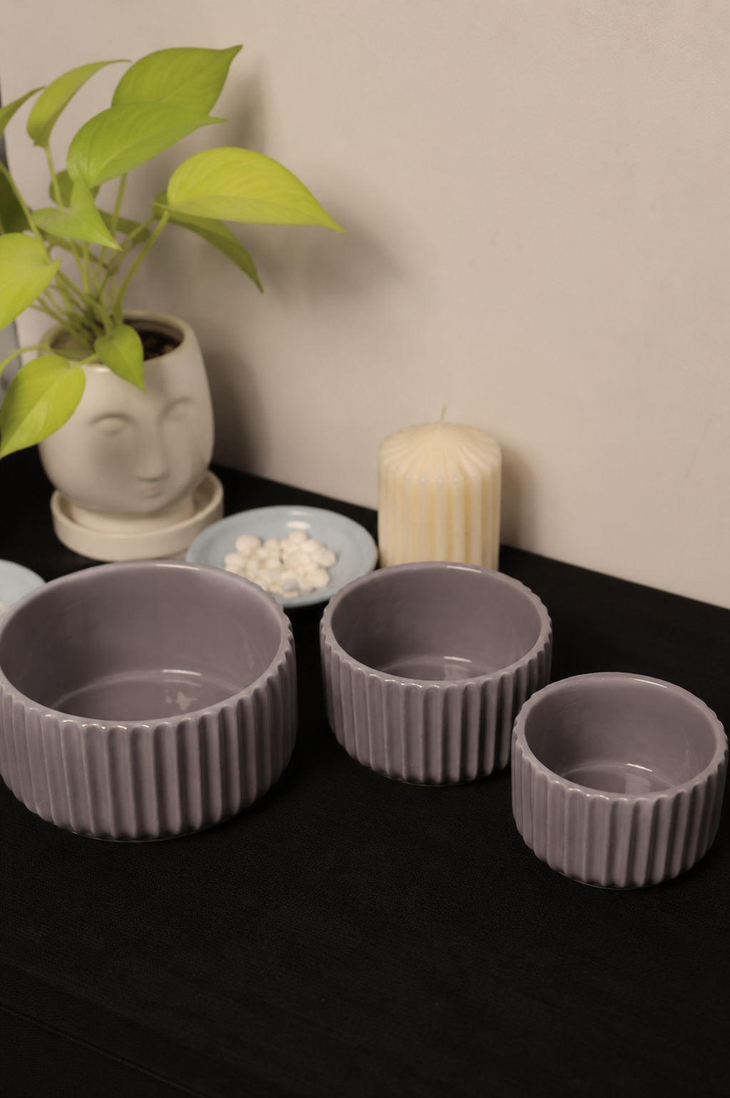 Mauve Grey Fluted Ceramic Bowl Set