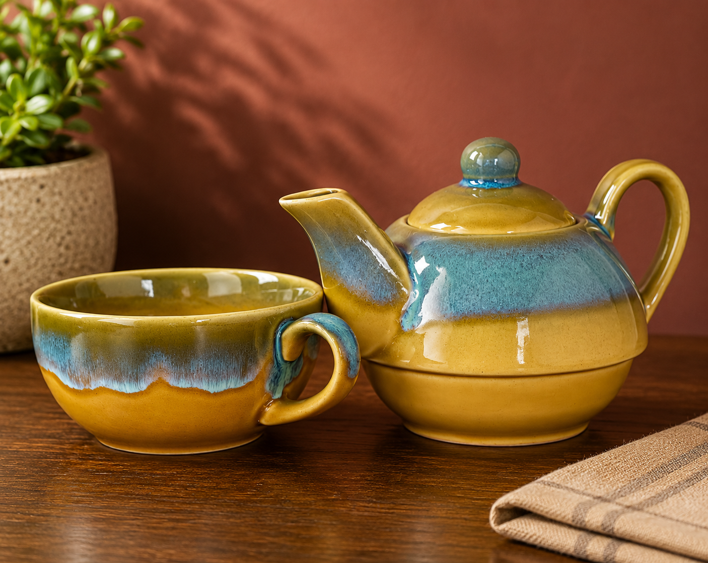 Multicolour Reactive Glaze Ceramic Tea-for-One Set