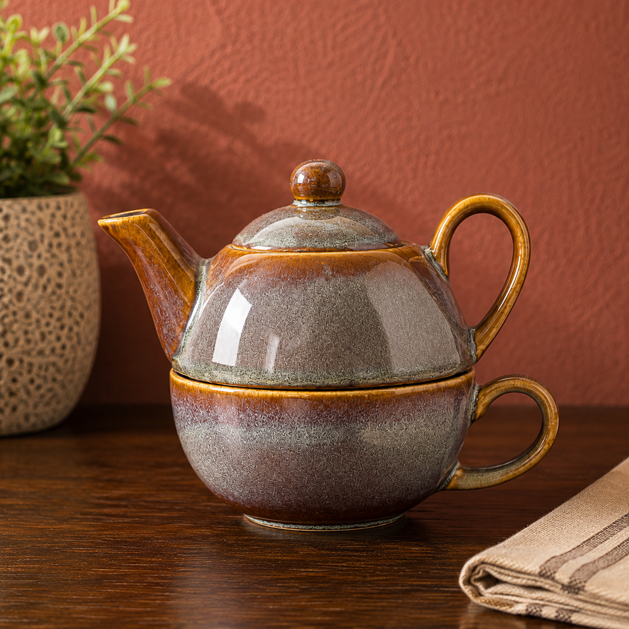 Rustic Glazed Ceramic Tea-for-One Set