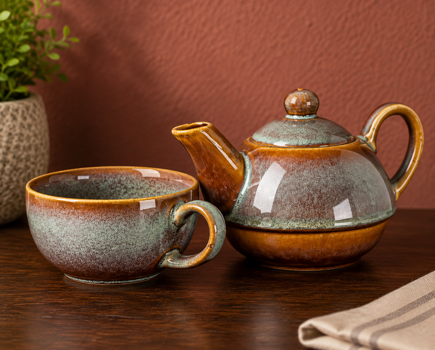 Rustic Glazed Ceramic Tea-for-One Set