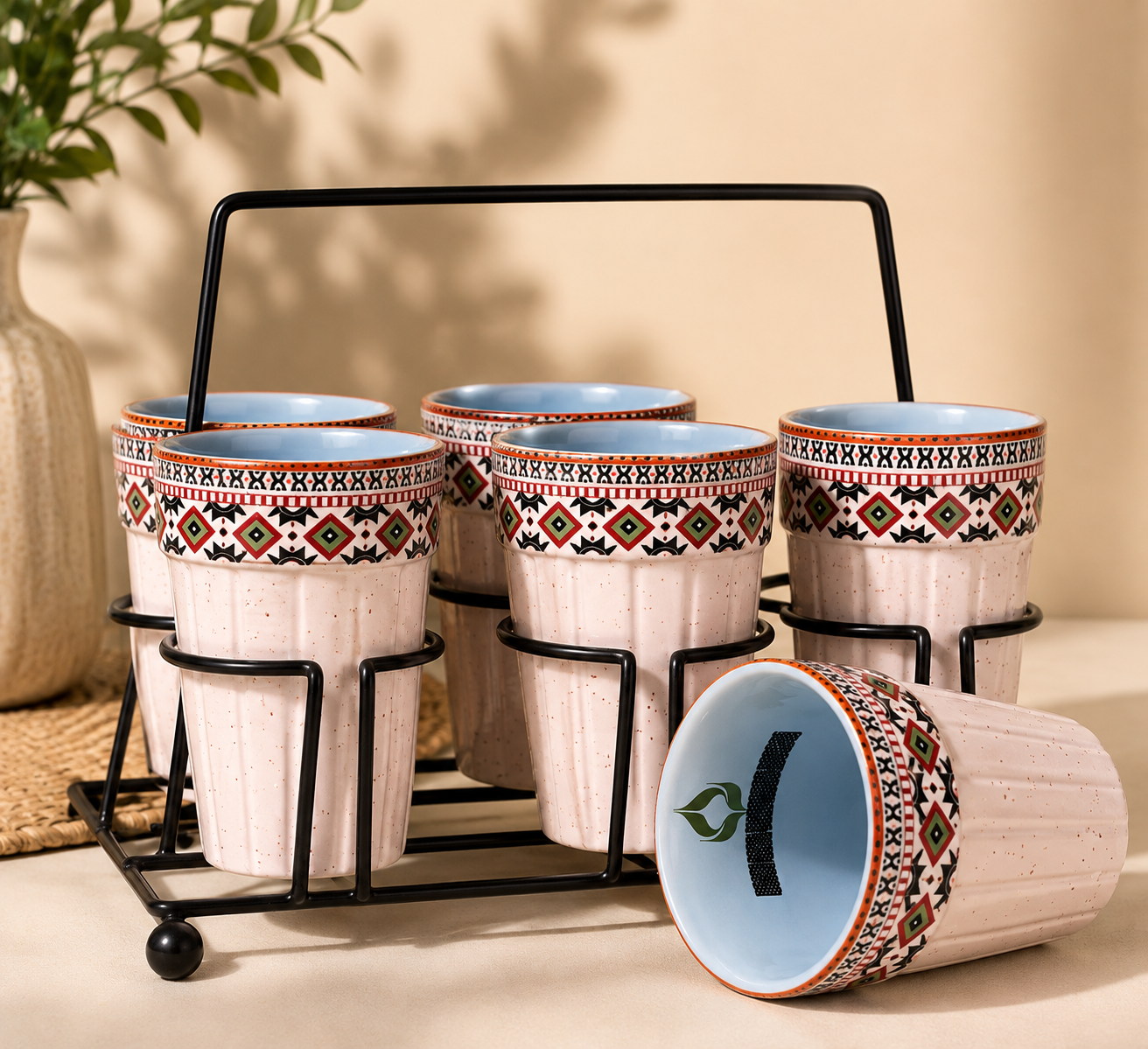 Handcrafted Ceramic Tea Set with Metal Stand